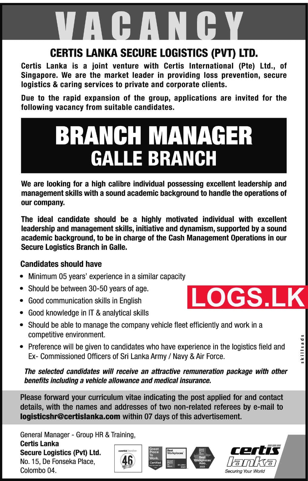 Branch Manager Vacancy at Galle Certis Lanka Group of Companies in Sri Lanka Application