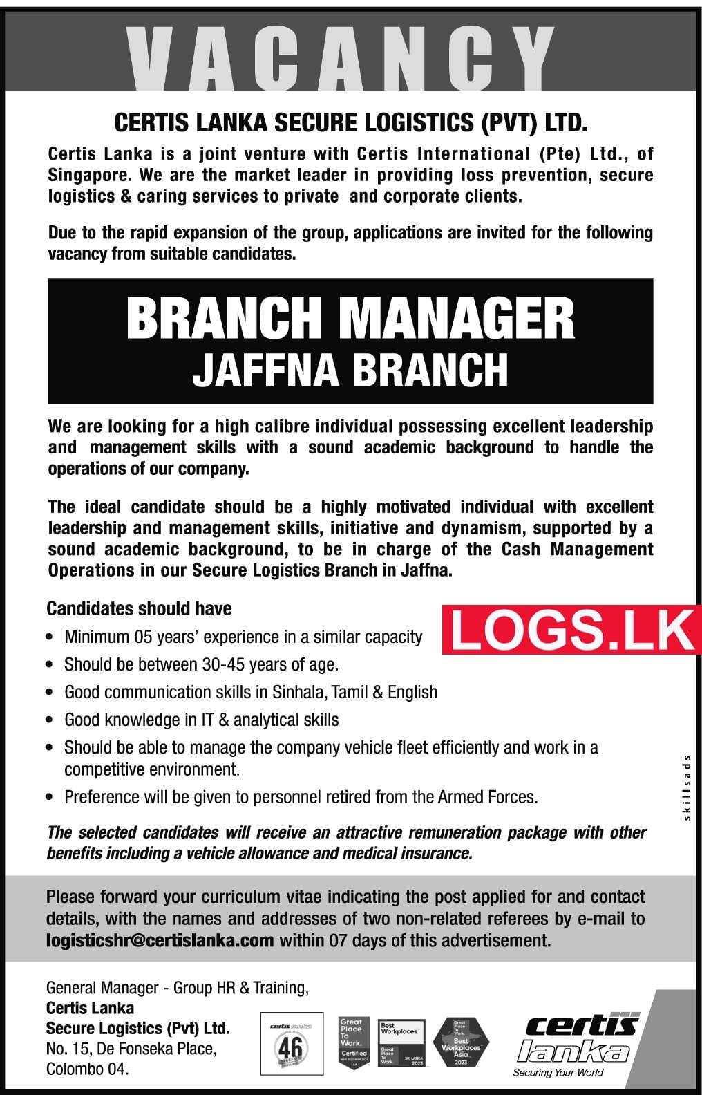 Branch Manager Vacancy at Jaffna Certis Lanka Group of Companies Application