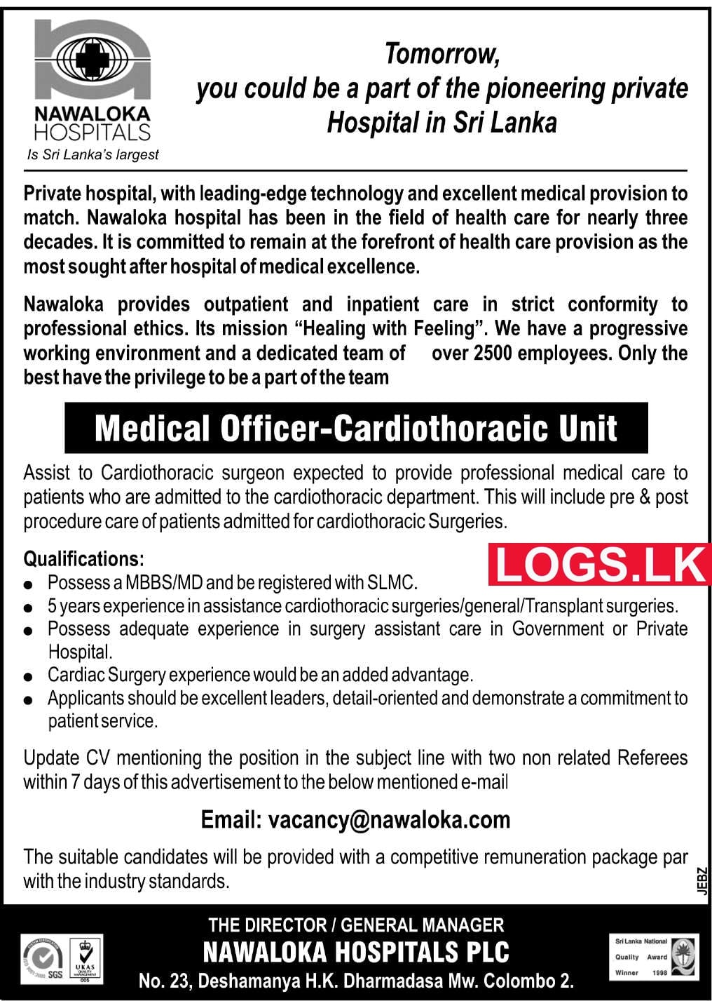 Medical Officer (Cardiothoracic Unit) - Nawaloka Hospitals Vacancies 2024 in Sri Lanka