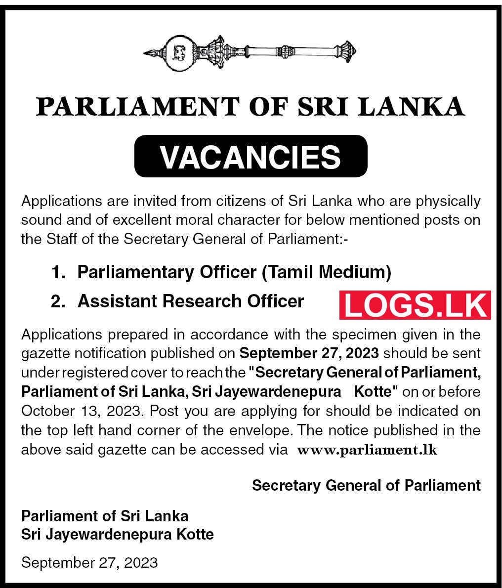 Parliament Job Vacancies 2024 in Sri Lanka Application