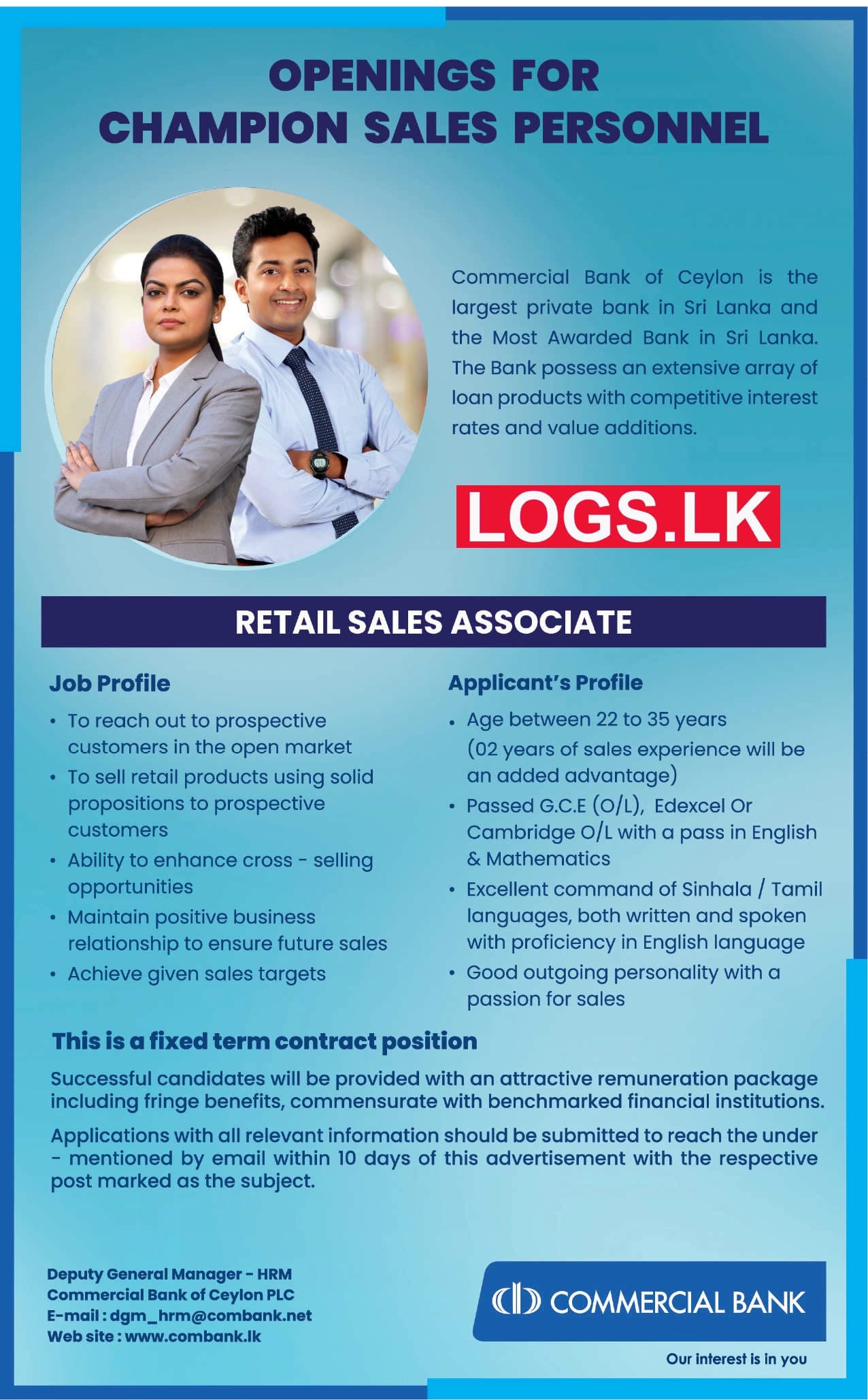 Retail Sales Associate - Commercial Bank Job Vacancies 2024 in Sri Lanka Application Form