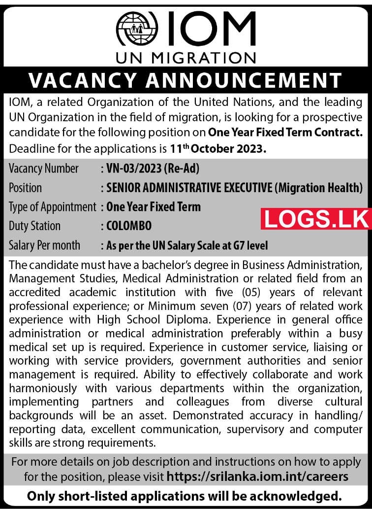 Senior Administrative Executive - IOM Job Vacancies 2024 Application Form