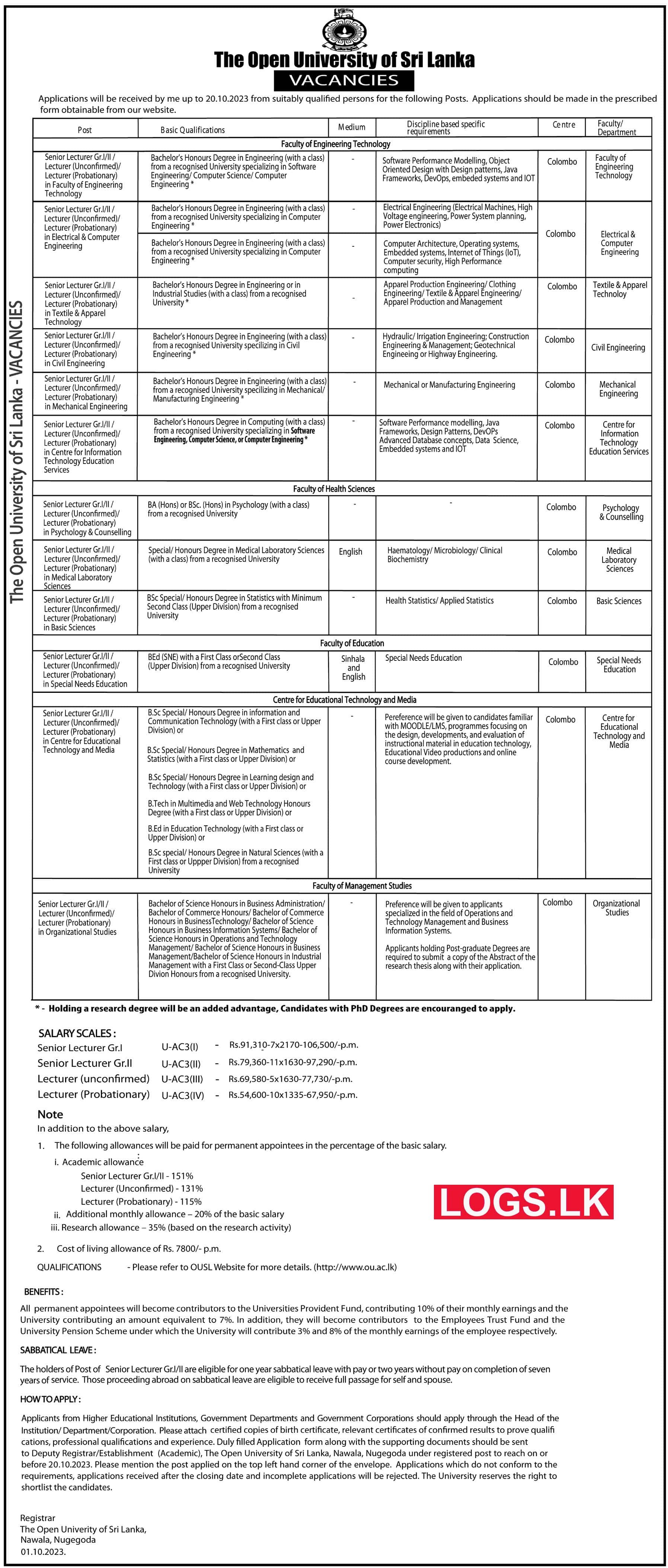Senior Lecturer / Lecturer - Open University Job Vacancies 2024 in Sri Lanka Application Form