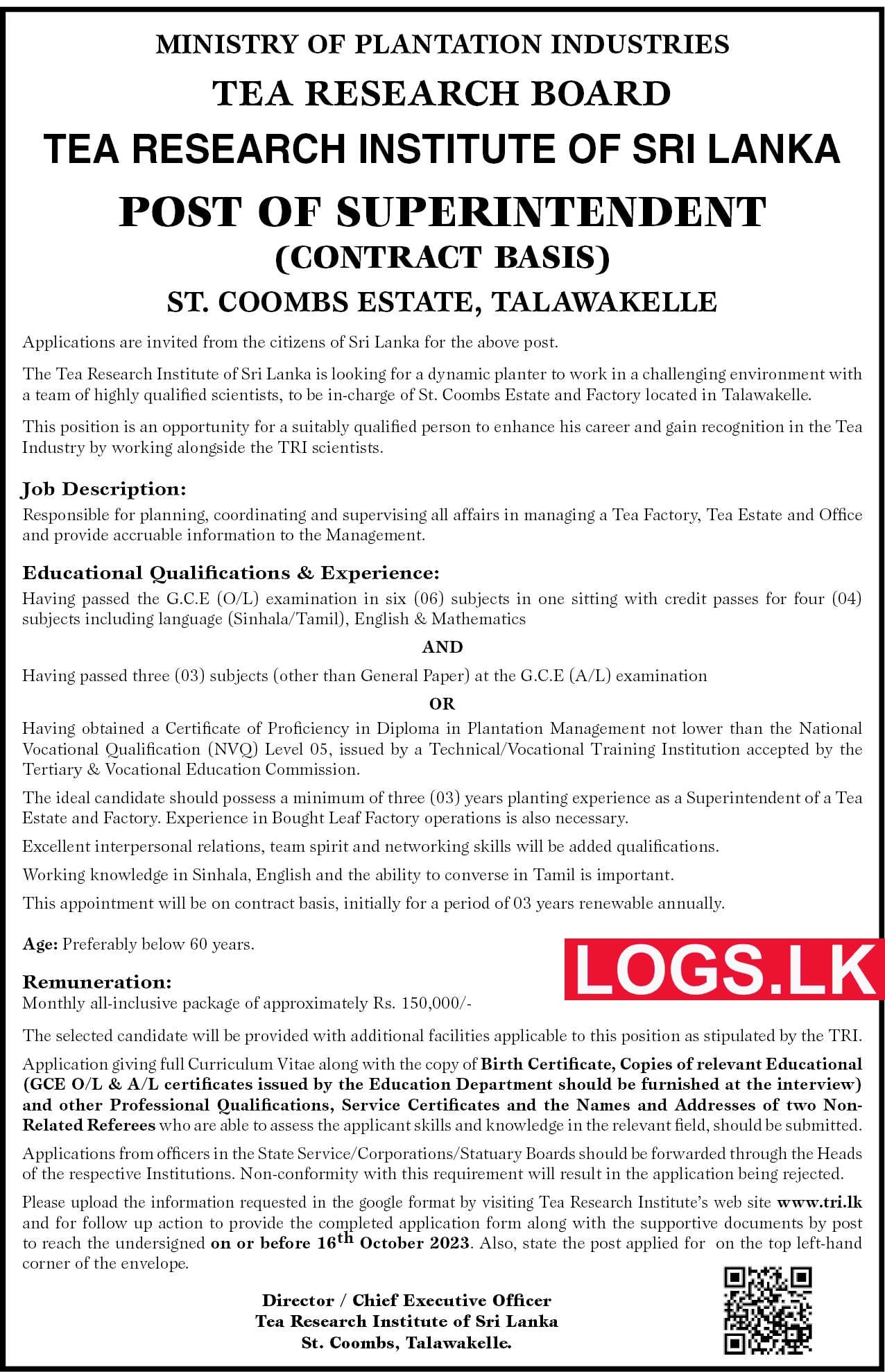 Superintendent - Tea Research Institute of Sri Lanka Vacancies 2024 Application Form