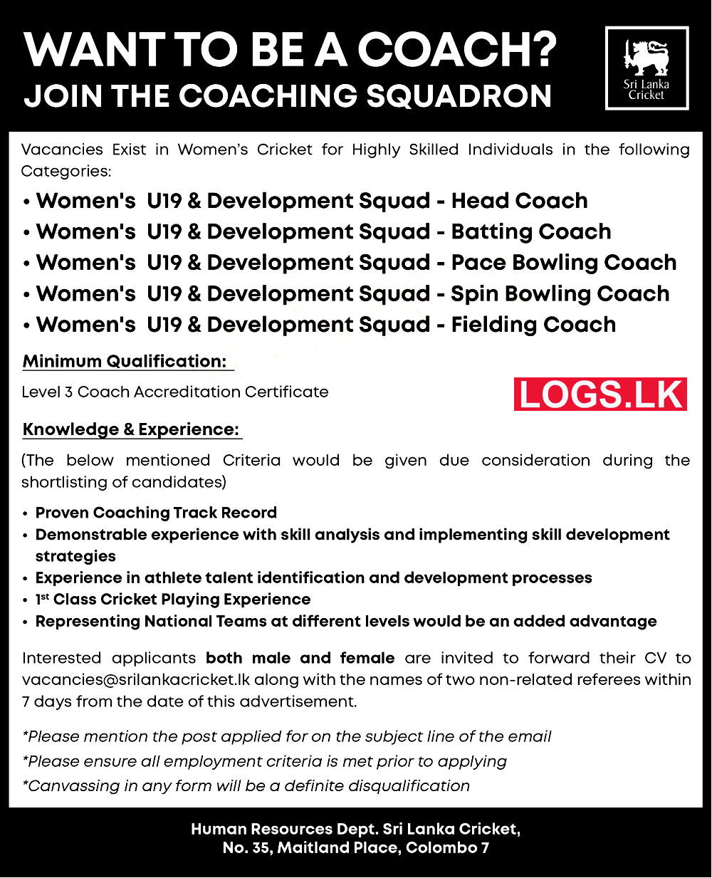 Coach - Sri Lanka Cricket Job Vacancies 2024 Application Form, Details Download
