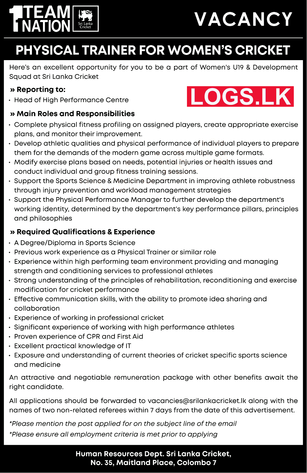 Physical Trainer (Women's Cricket) - Sri Lanka Cricket Vacancies 2024 Application Form