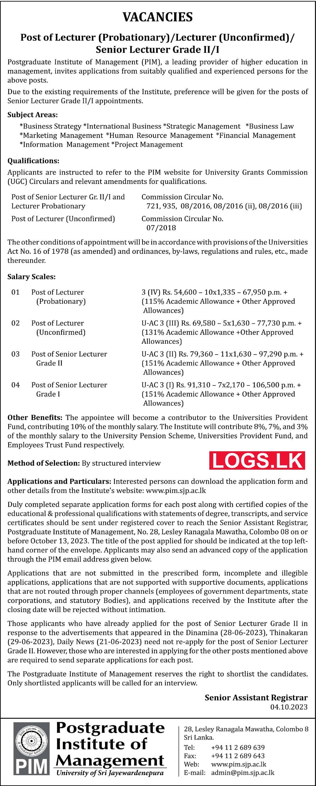 Senior Lecturer / Lecturer - University of Sri Jayewardenepura Vacancies 2024 Application Form