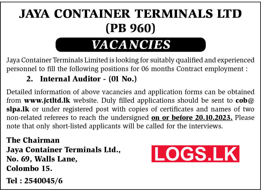 Internal Auditor - Jaya Container Terminal Job Vacancies 2024 Application Form