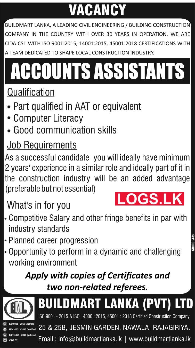 Accounts Assistants Vacancies at Buildmart Lanka (Pvt) Ltd in Sri Lanka Application Form, Details Download