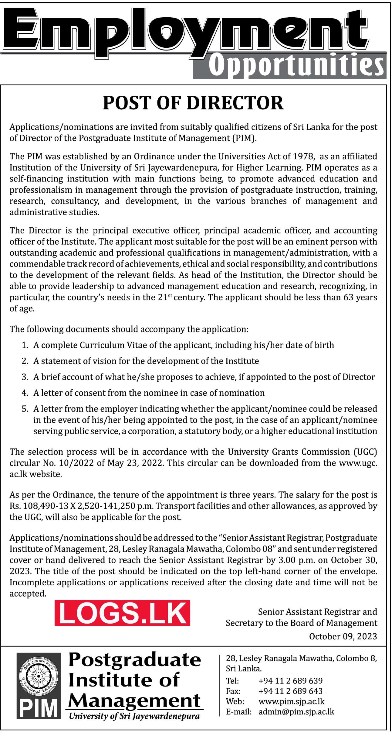 Director - University of Sri Jayewardenepura Job Vacancies 2024 Application Form