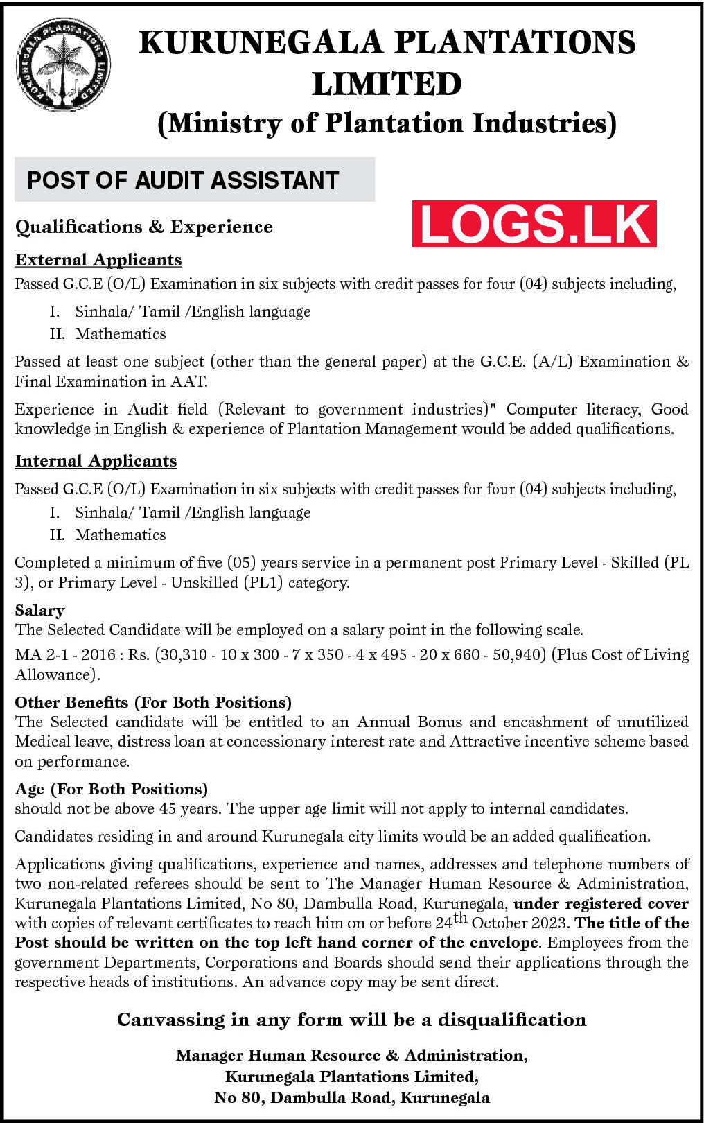 Audit Assistant Job Vacancies 2024 at Kurunegala Plantations Ltd in Sri Lanka Application