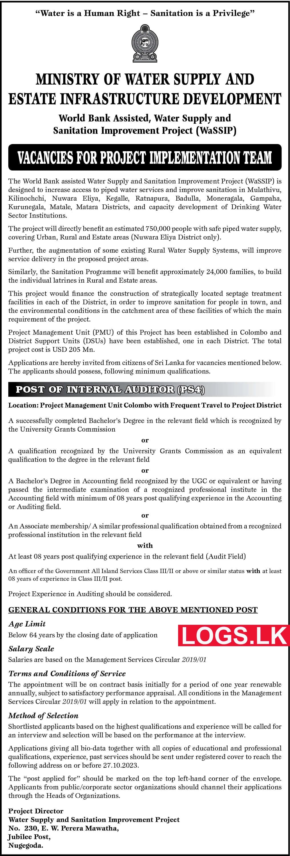Internal Auditor - Ministry of Water Supply and Estate Infrastructure Development Job Vacancies 2024