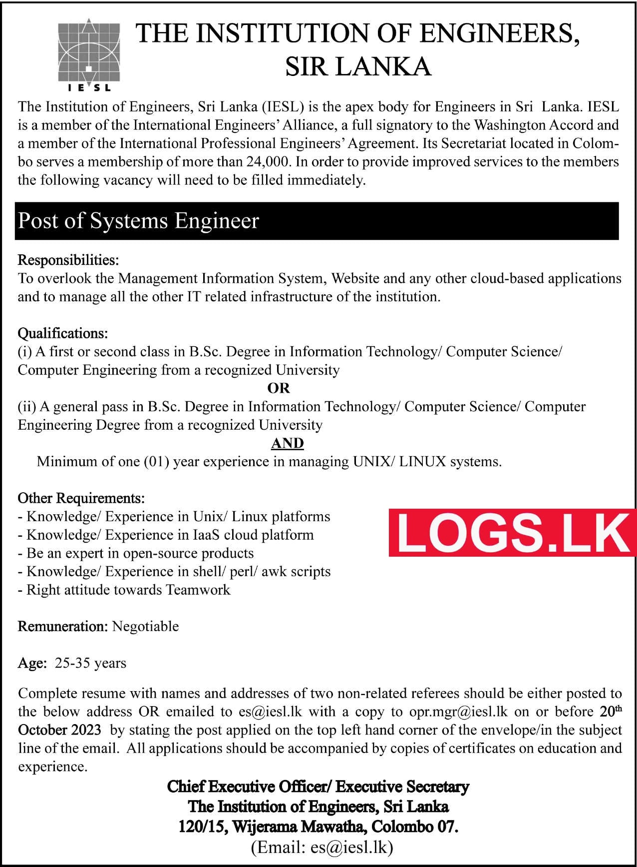 Systems Engineer - The Institution of Engineers Vacancies 2024 Application Form, Details Download
