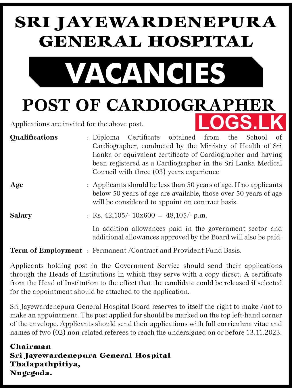 Cardiographer - Sri Jayewardenepura General Hospital Vacancies 2024 Application Form, Details Download
