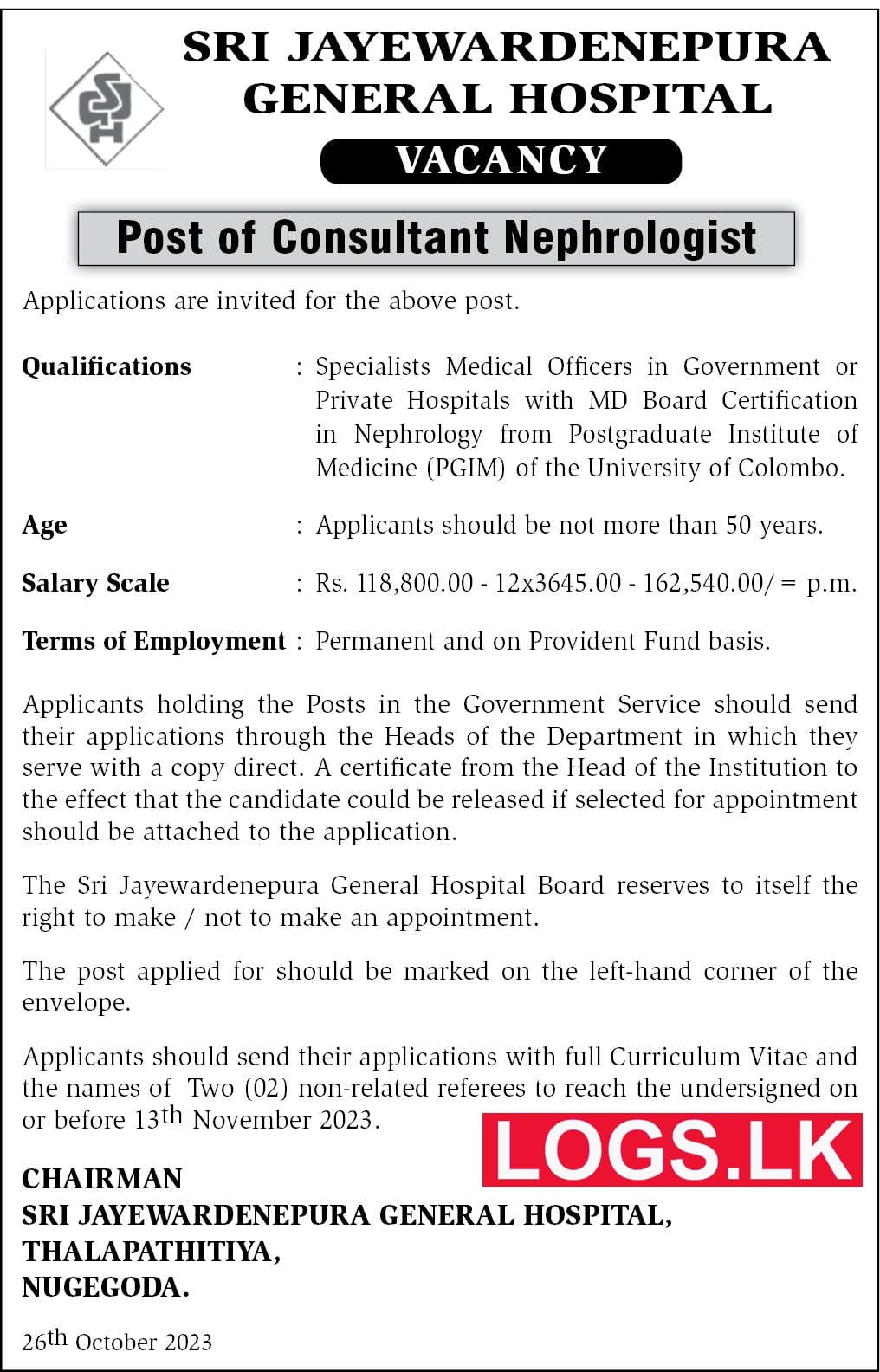 Consultant Nephrologist - Sri Jayewardenepura General Hospital Vacancies 2024 Application Form, Details Download