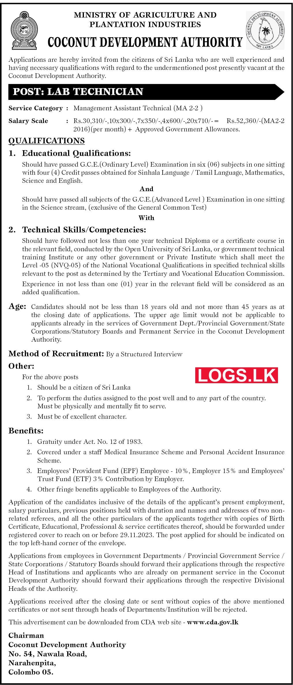 Lab Technician - Coconut Development Authority Vacancies 2024 Application Form, Details Download