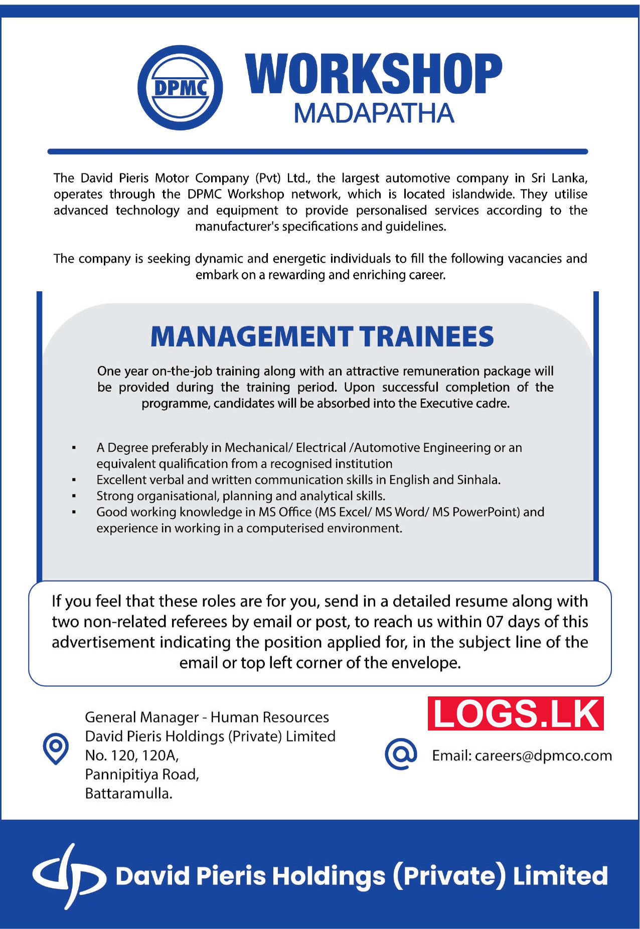 Management Trainees - David Pieris Job Vacancies 2024 Application Form, Details Download