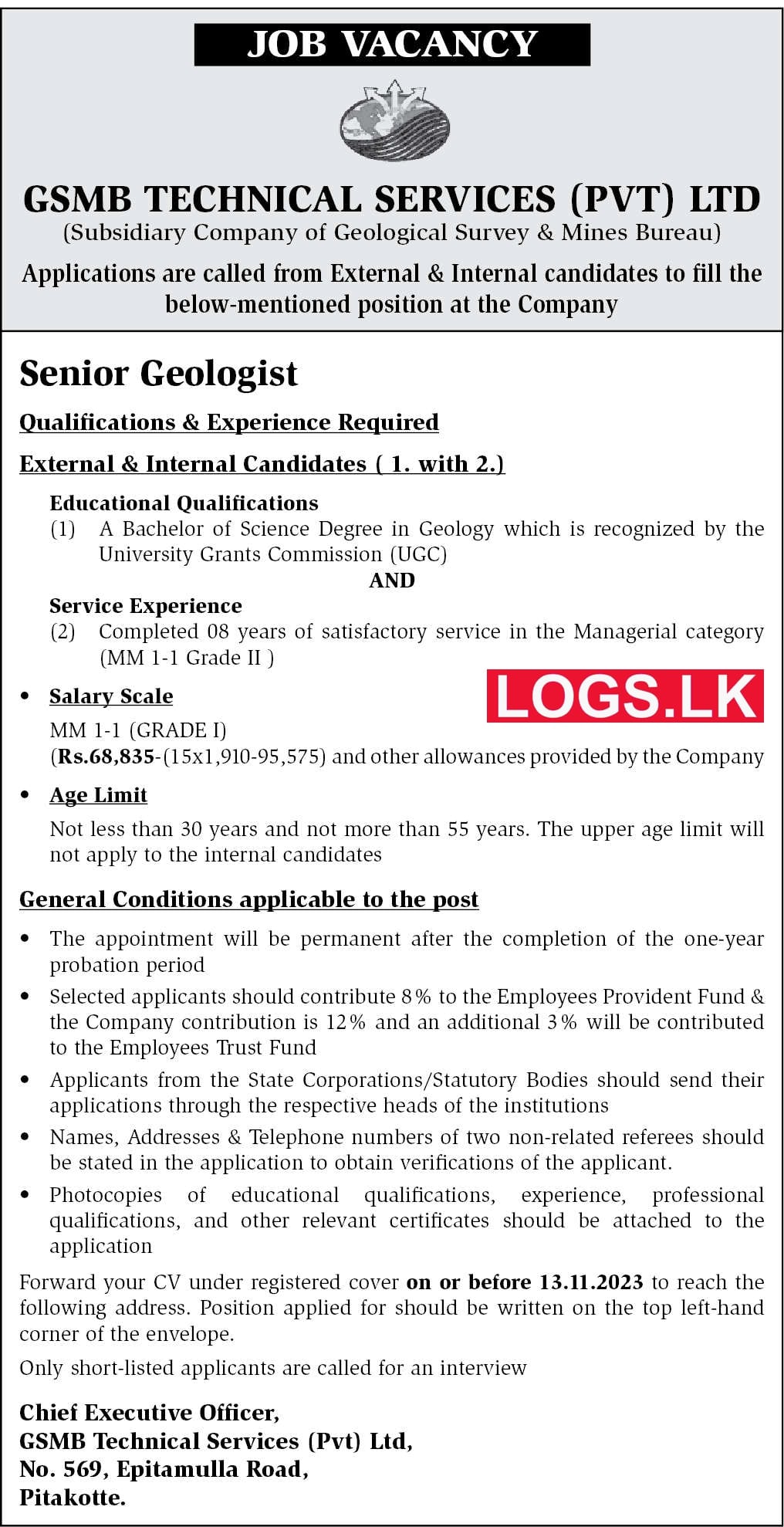 Senior Geologist - GSMB Technical Services Vacancies 2024 Application, Details