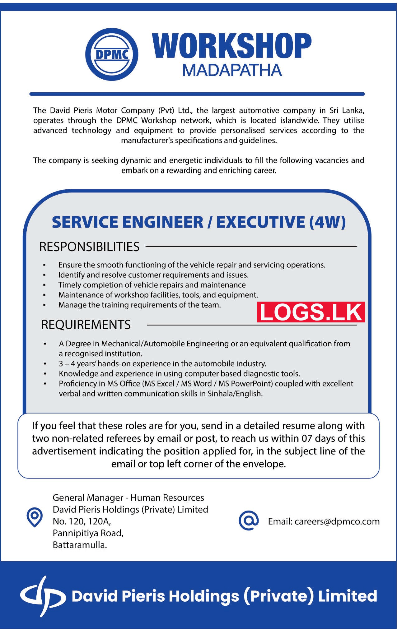 Service Engineer - David Pieris Job Vacancies 2024 in Sri Lanka