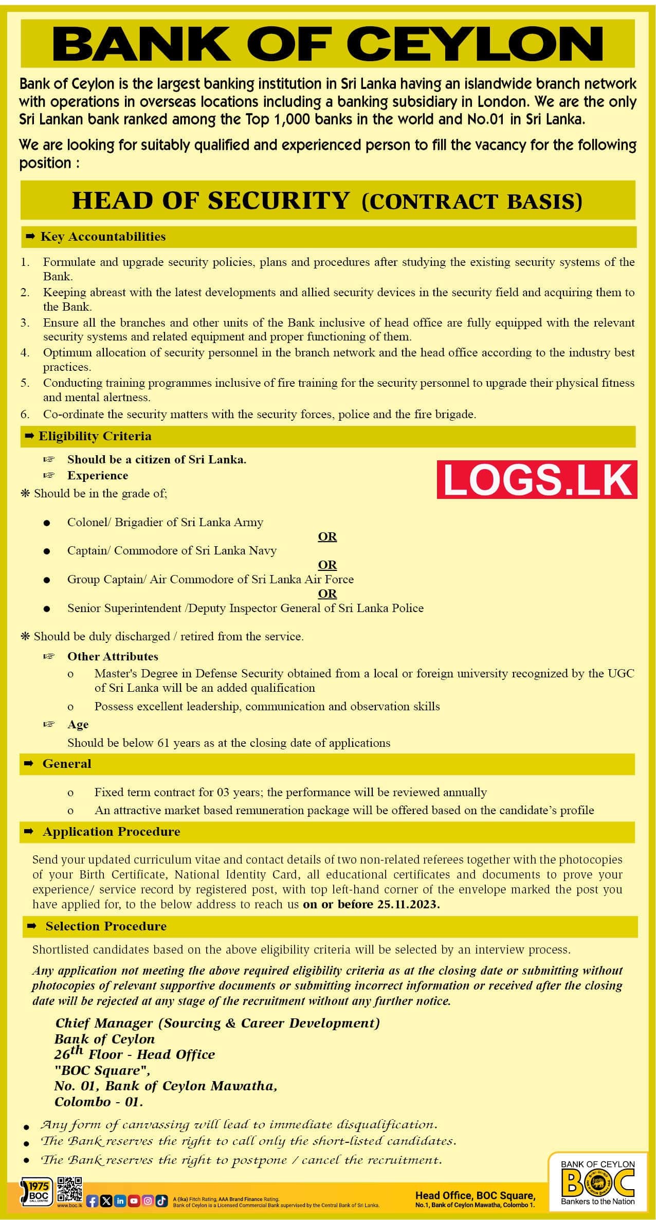 Head of Security - Bank of Ceylon Vacancies 2024 Application Form, Details Download