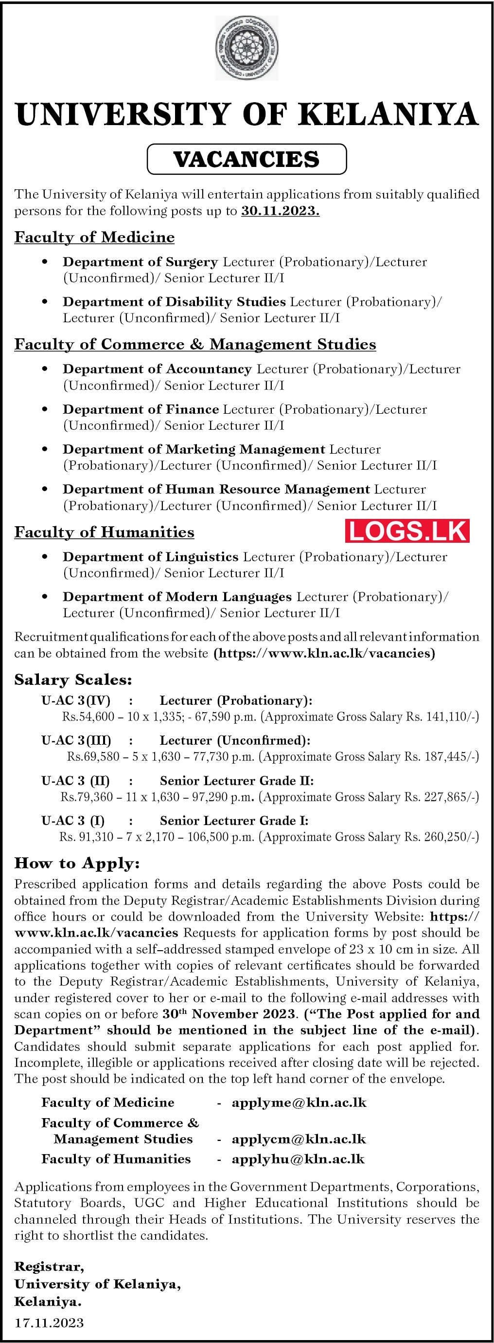 Lecturer / Senior Lecturer - University of Kelaniya Vacancies 2024 Application Form, Details Download