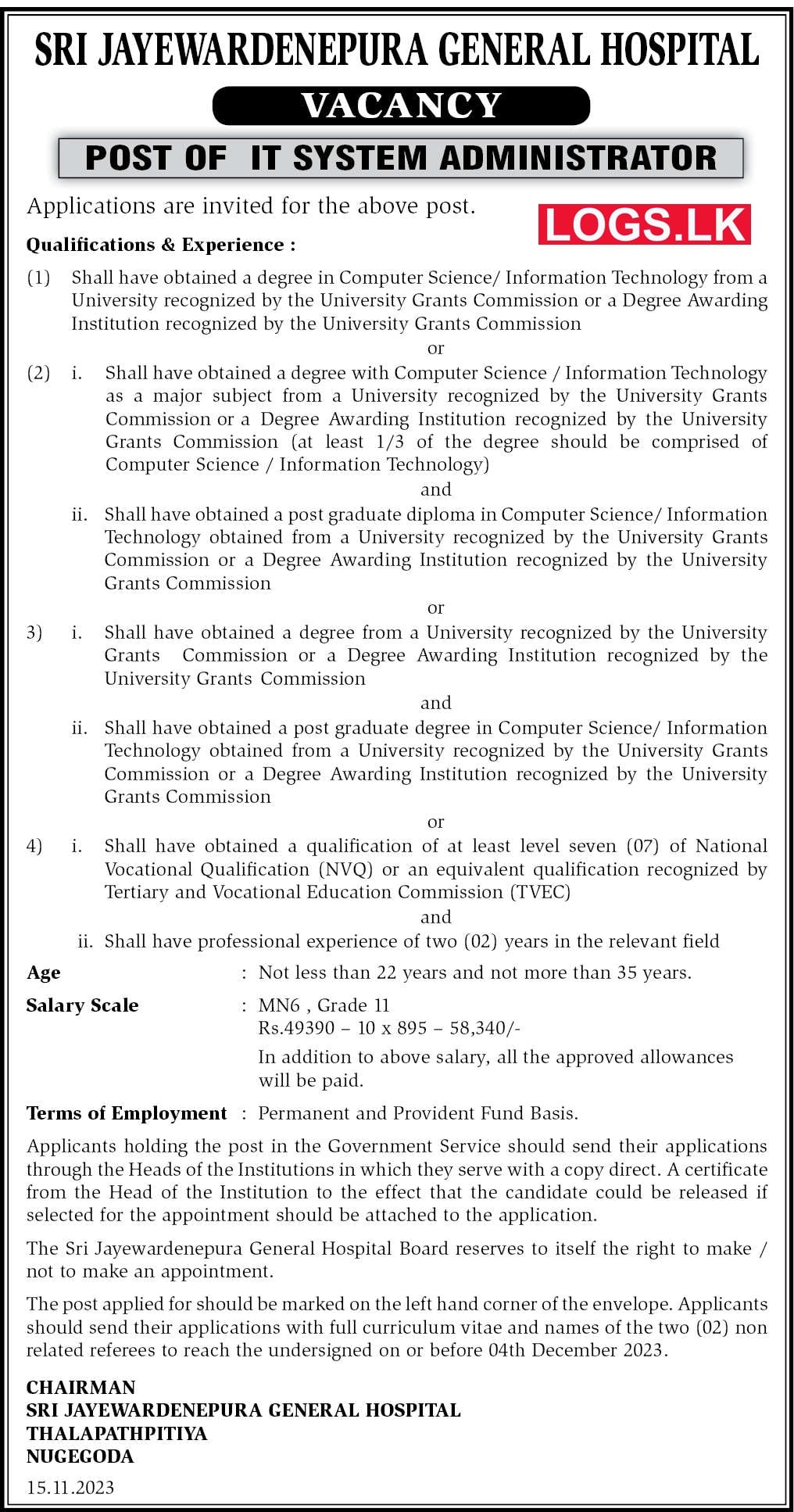 IT System Administrator - Sri Jayewardenepura General Hospital Vacancies 2024 Application Form, Details Download