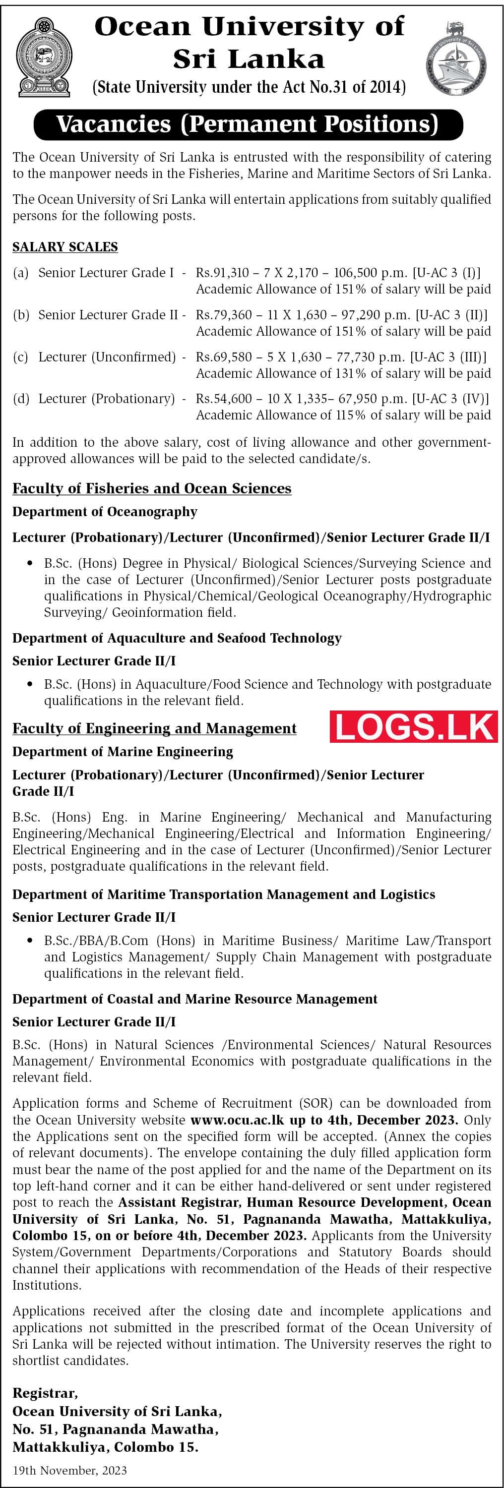 Lecturers - Ocean University of Sri Lanka Job Vacancies 2024 Application Form, Details Download