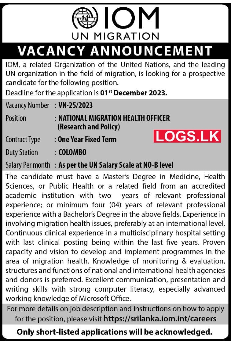National Migration Health Officer - IOM Vacancies 2024 Application Form, Details Download