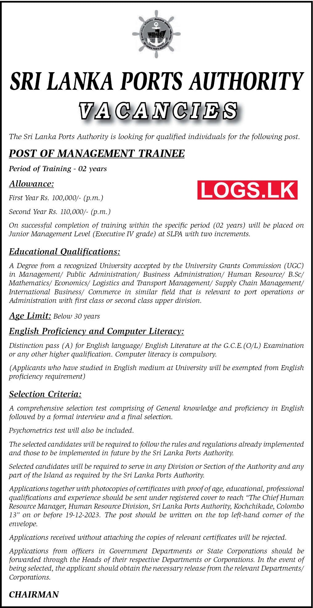 Management Trainee - Sri Lanka Ports Authority Vacancies 2024 Application Form, Details Download