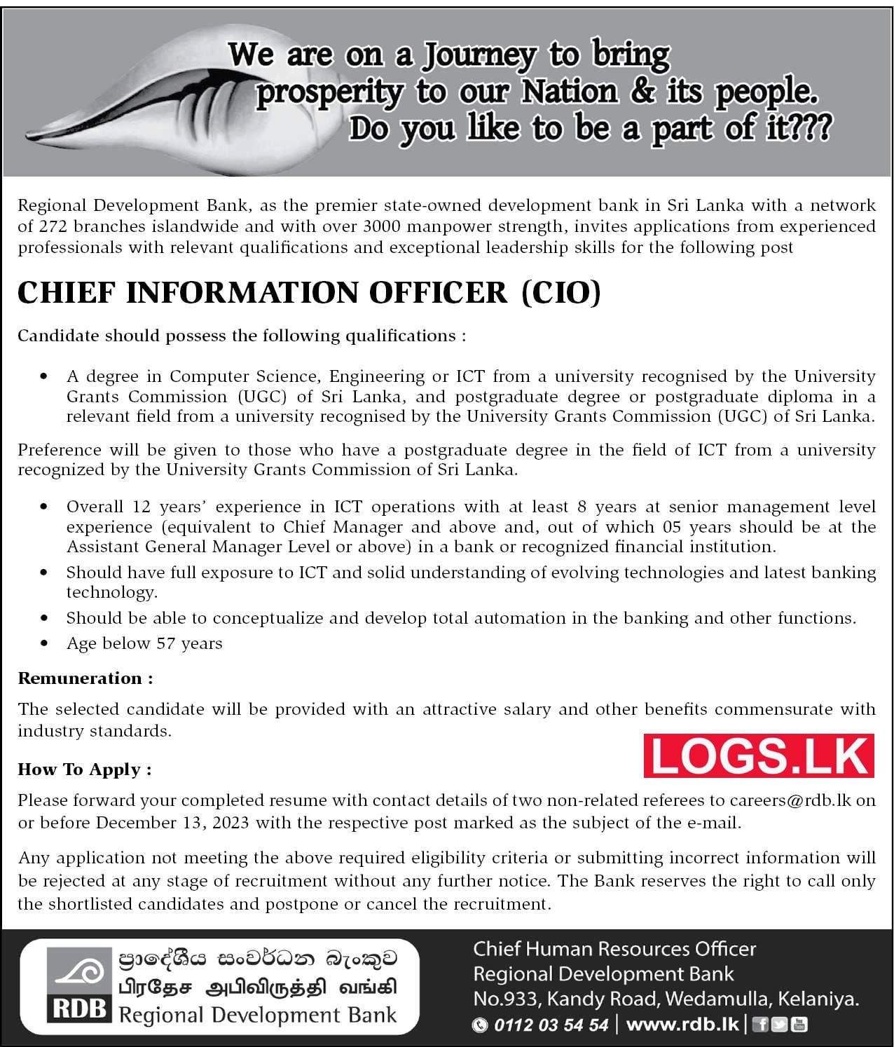 Chief Information Officer - Regional Development Bank Vacancies 2024 Application Form, Details Download