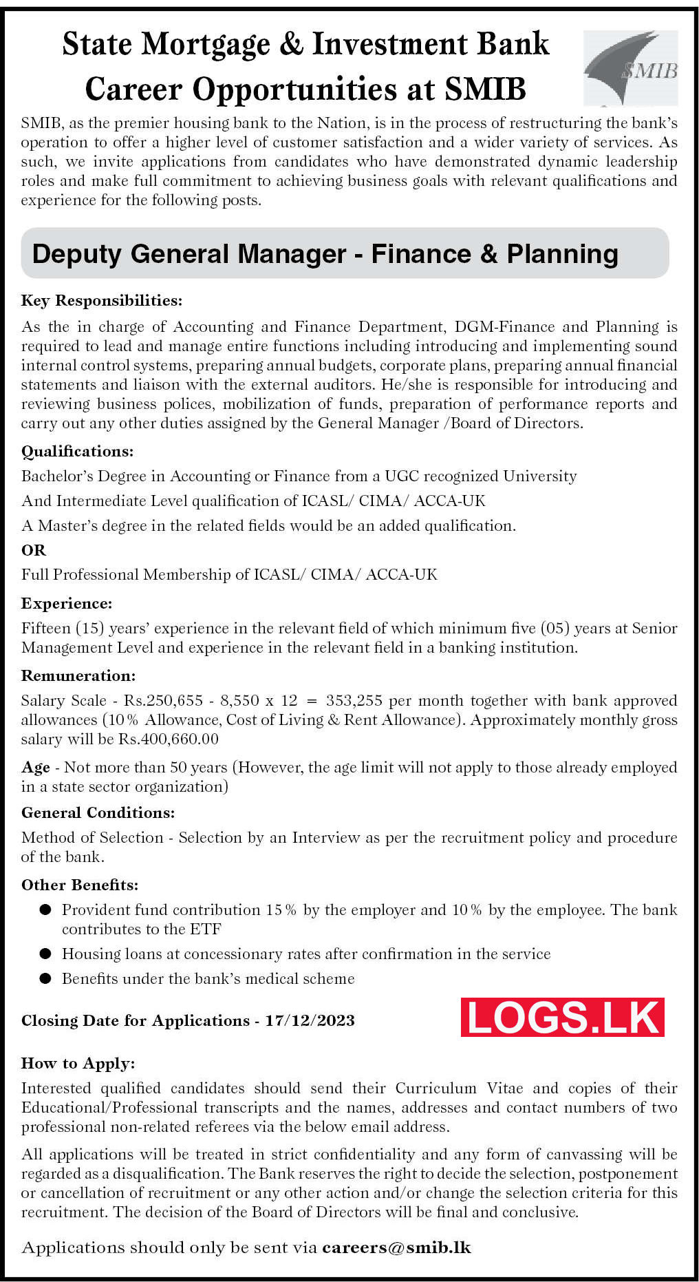 Deputy General Manager - SMIB Bank Vacancies 2024 Application Form, Details Download