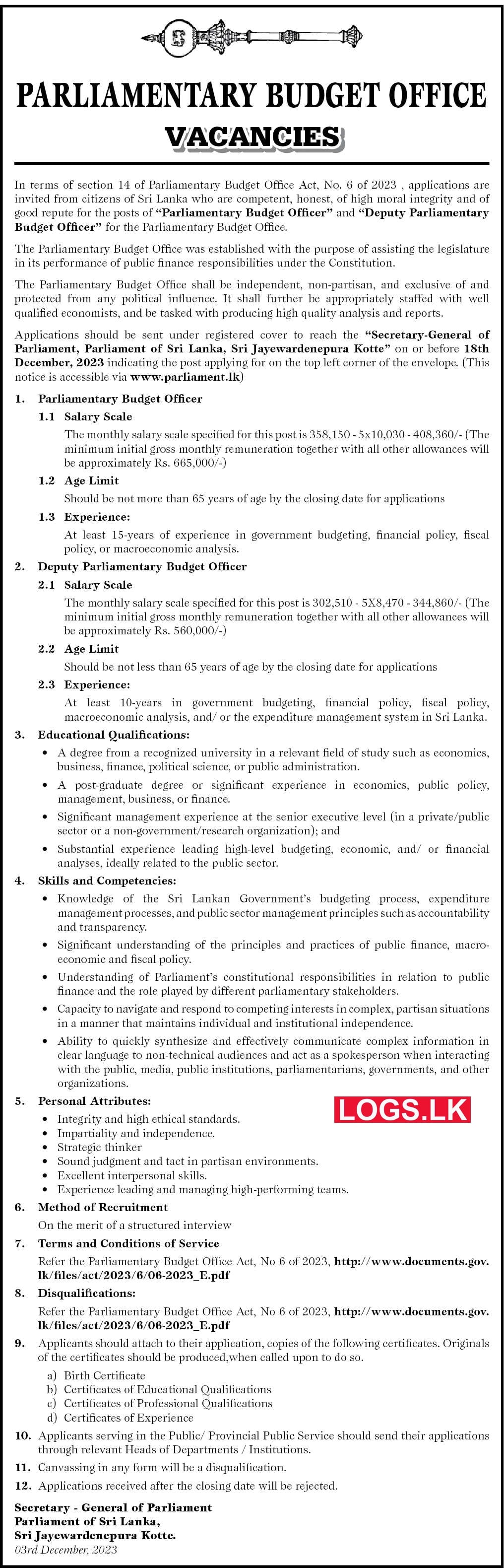 Parliamentary Budget Officer - Parliament Job Vacancies 2024 Application Form, Details Download