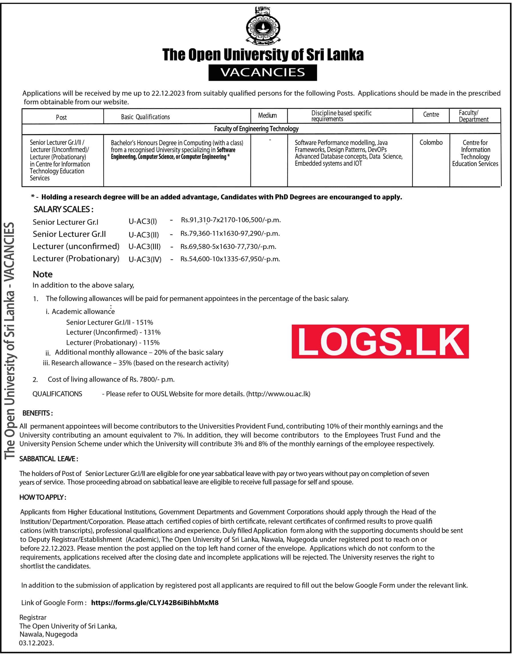 Senior Lecturer / Lecturer - The Open University of Sri Lanka Vacancies 2024 Application Form, Details Download