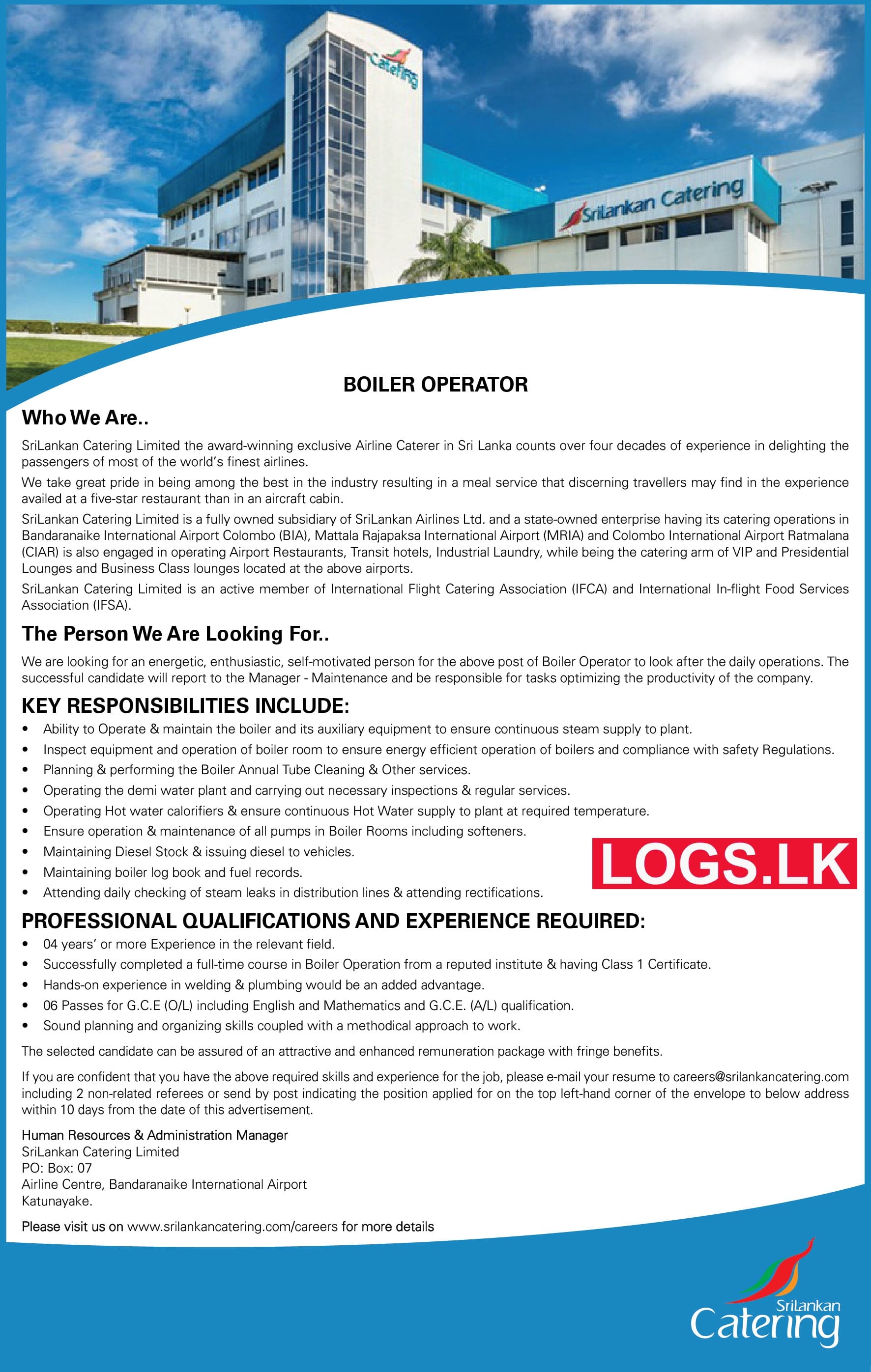 Boiler Operator - SriLankan Catering Job Vacancies 2024 Application Form, Details Download