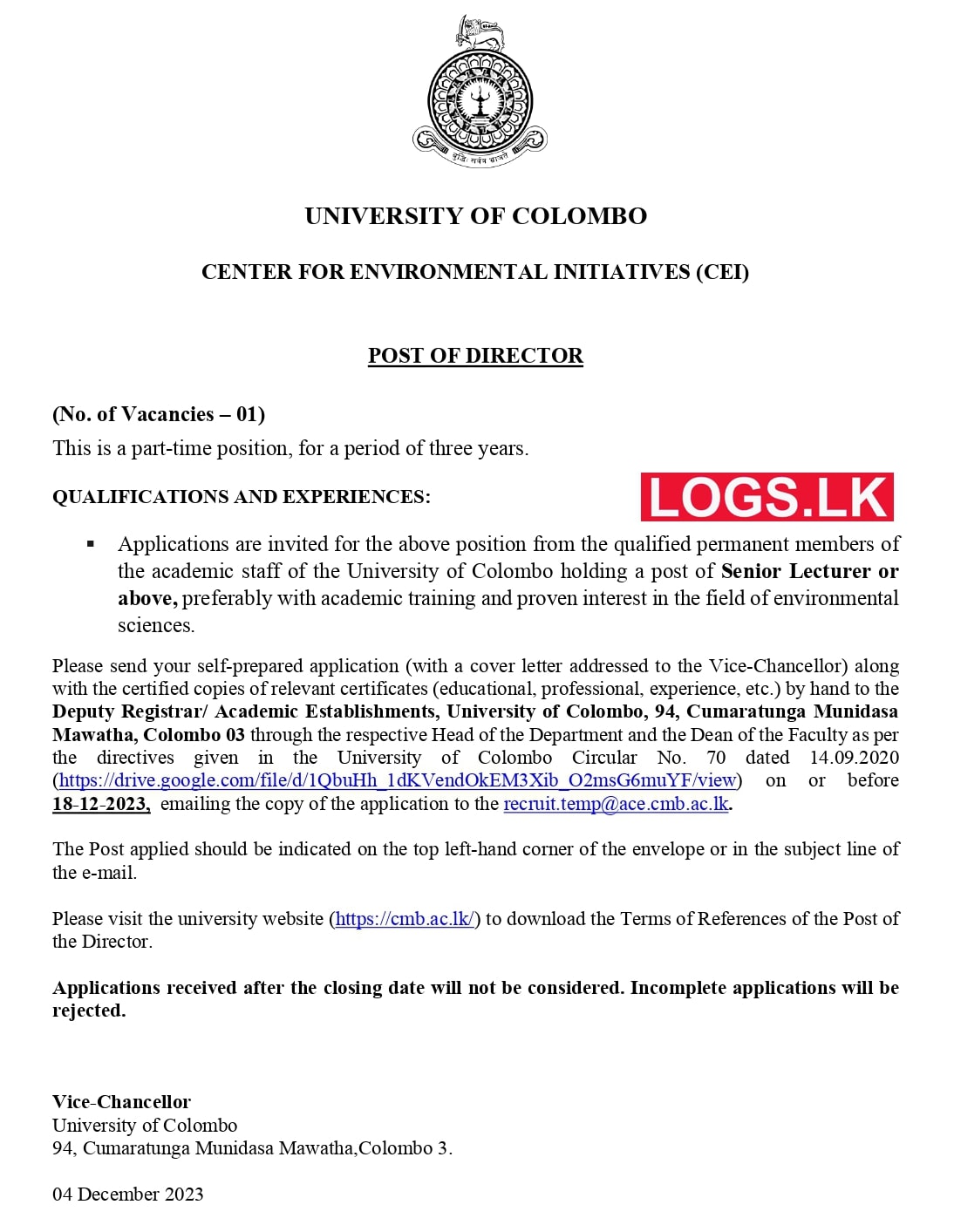 Director (CEI) - University of Colombo Job Vacancies 2024 Application Form, Details Download