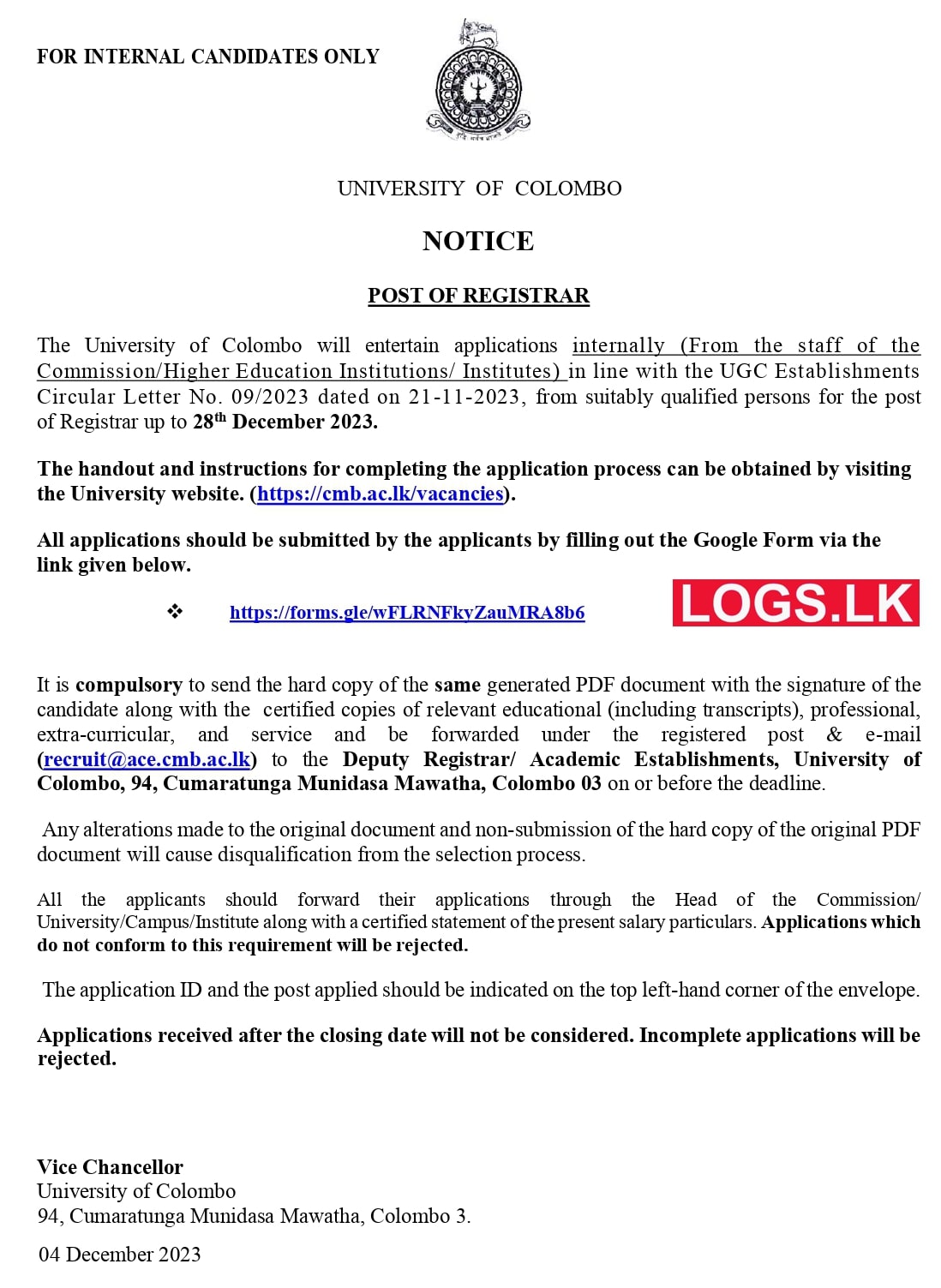 Registrar - University of Colombo Job Vacancies 2024 Application Form, Details Download
