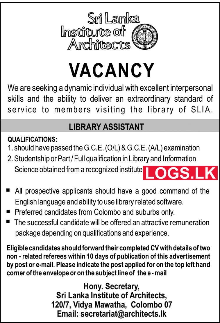 Library Assistant - Sri Lanka Institute of Architects Vacancies 2024 Application Form, Details Download