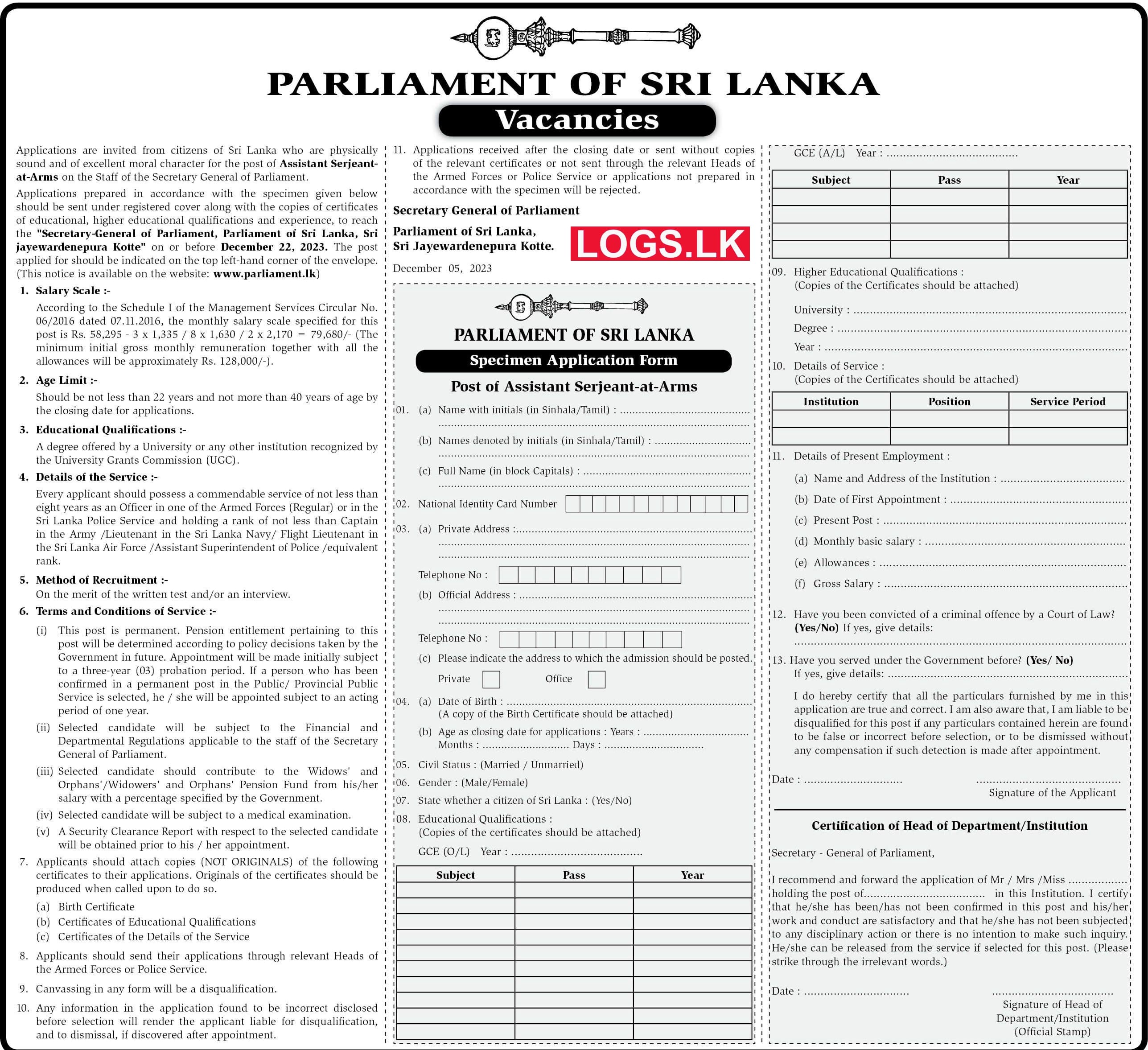 Assistant Serjeant at Arms - Parliament Job Vacancies 2024 Application Form, Details Download