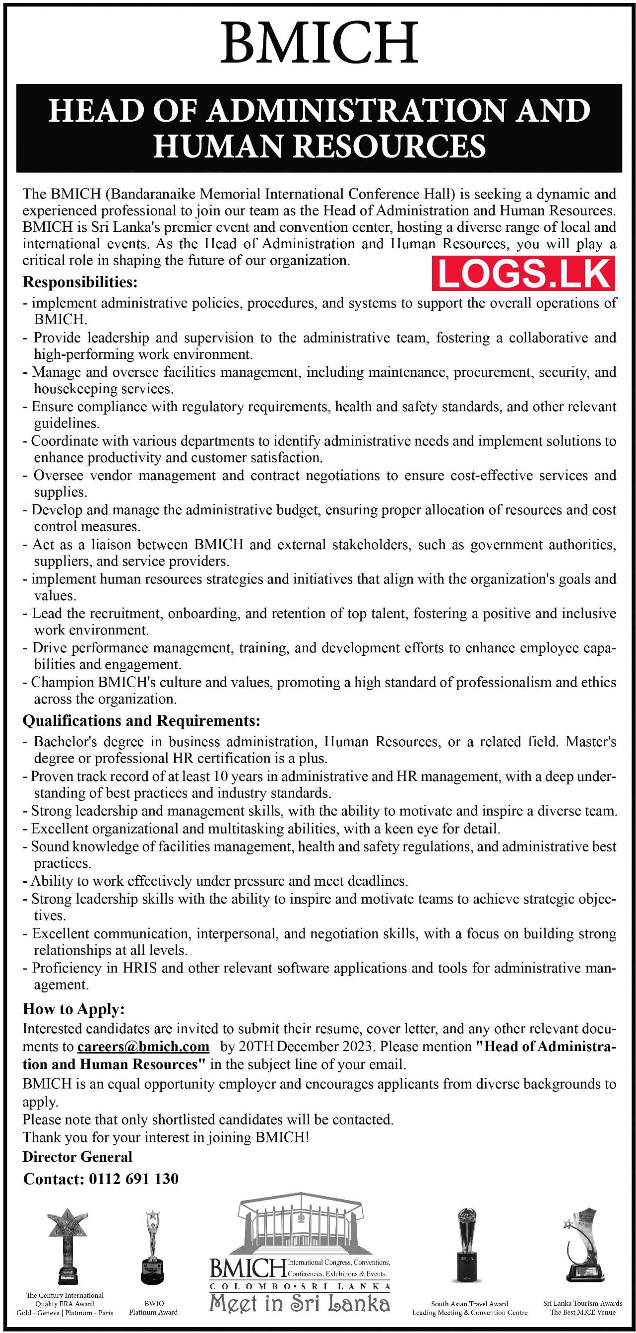 Head of Administration & HR - BMICH Job Vacancies 2024 Application Form, Details Download