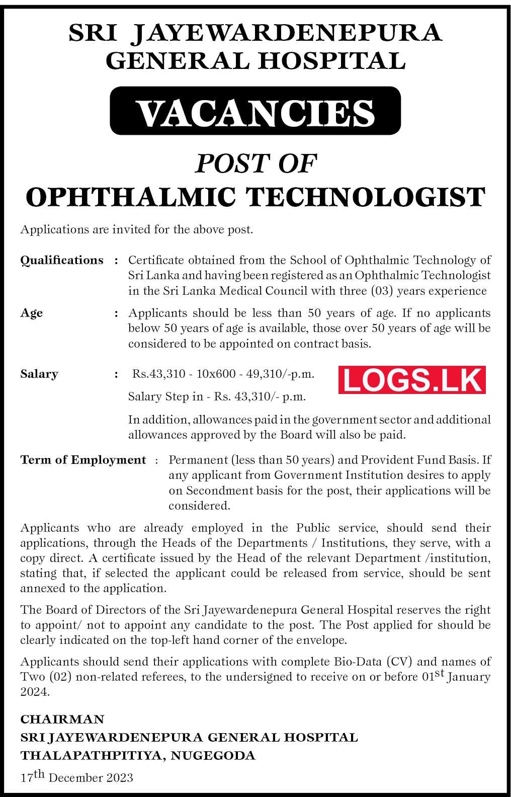 Ophthalmic Technologist - Sri Jayewardenepura General Hospital Vacancies 2024 Application Form, Details Download