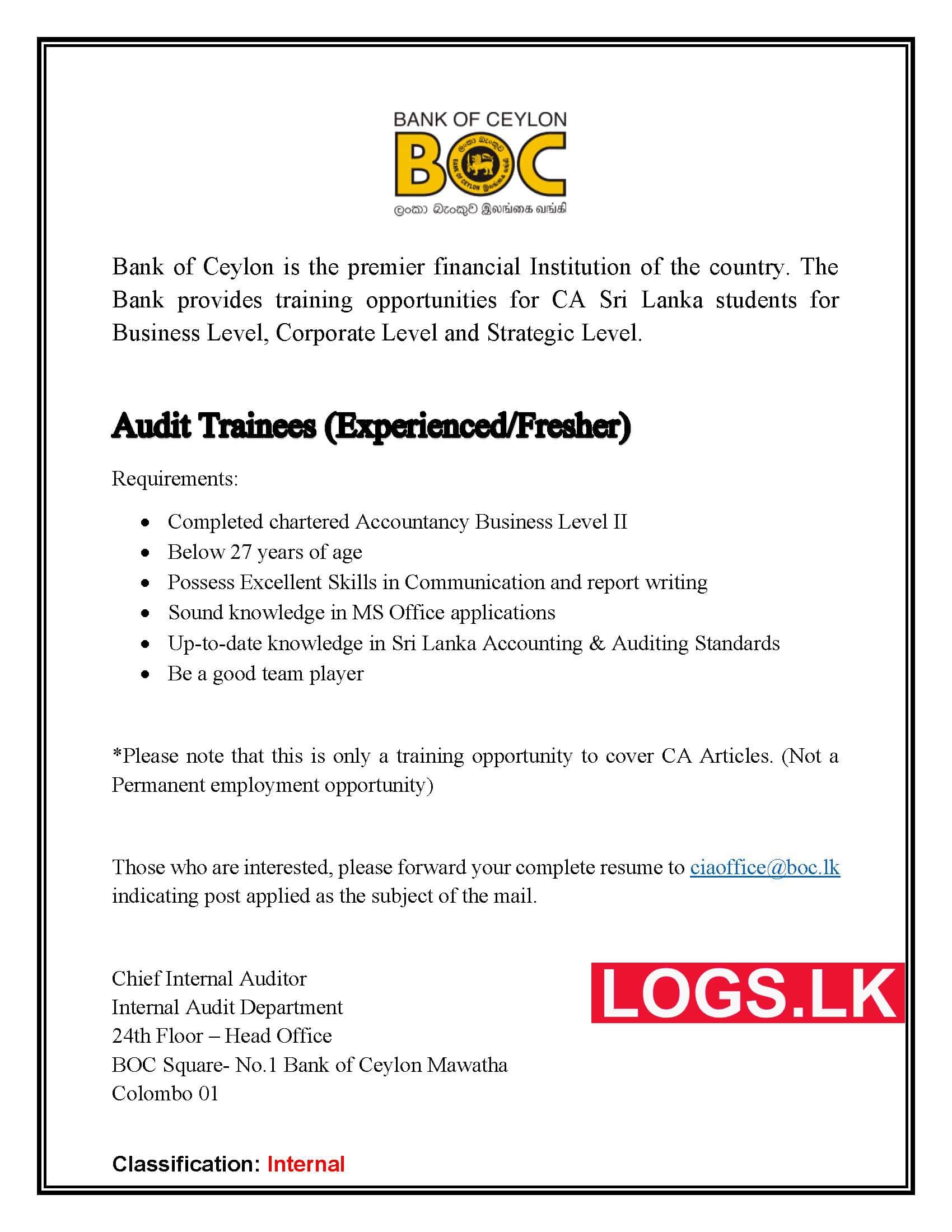 Audit Trainees - Bank of Ceylon Job Vacancies 2024 Application Form, Details Download