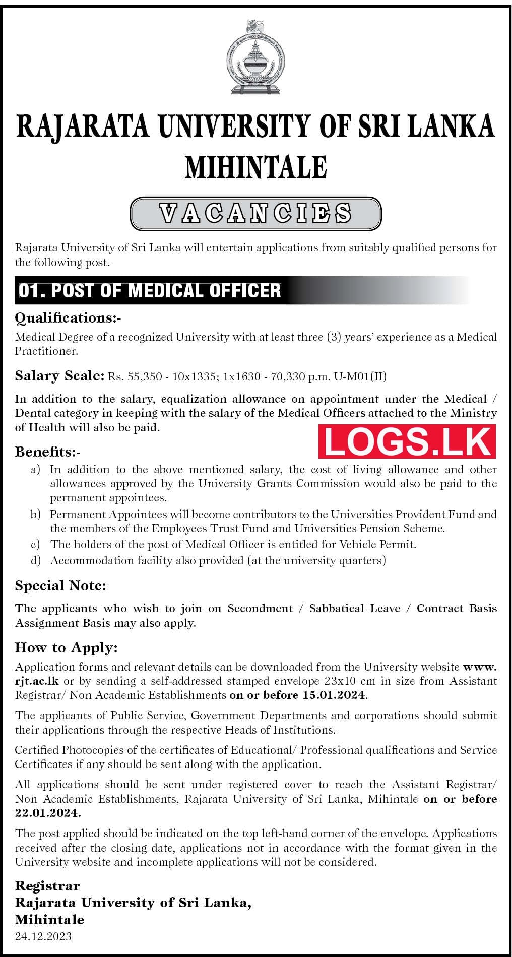 Medical Officer - Rajarata University Job Vacancies 2024 Application Form, Details Download