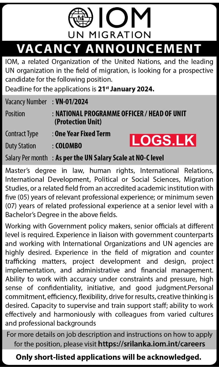 National Programme Officer - IOM Vacancies 2024 Application Form, Details Download