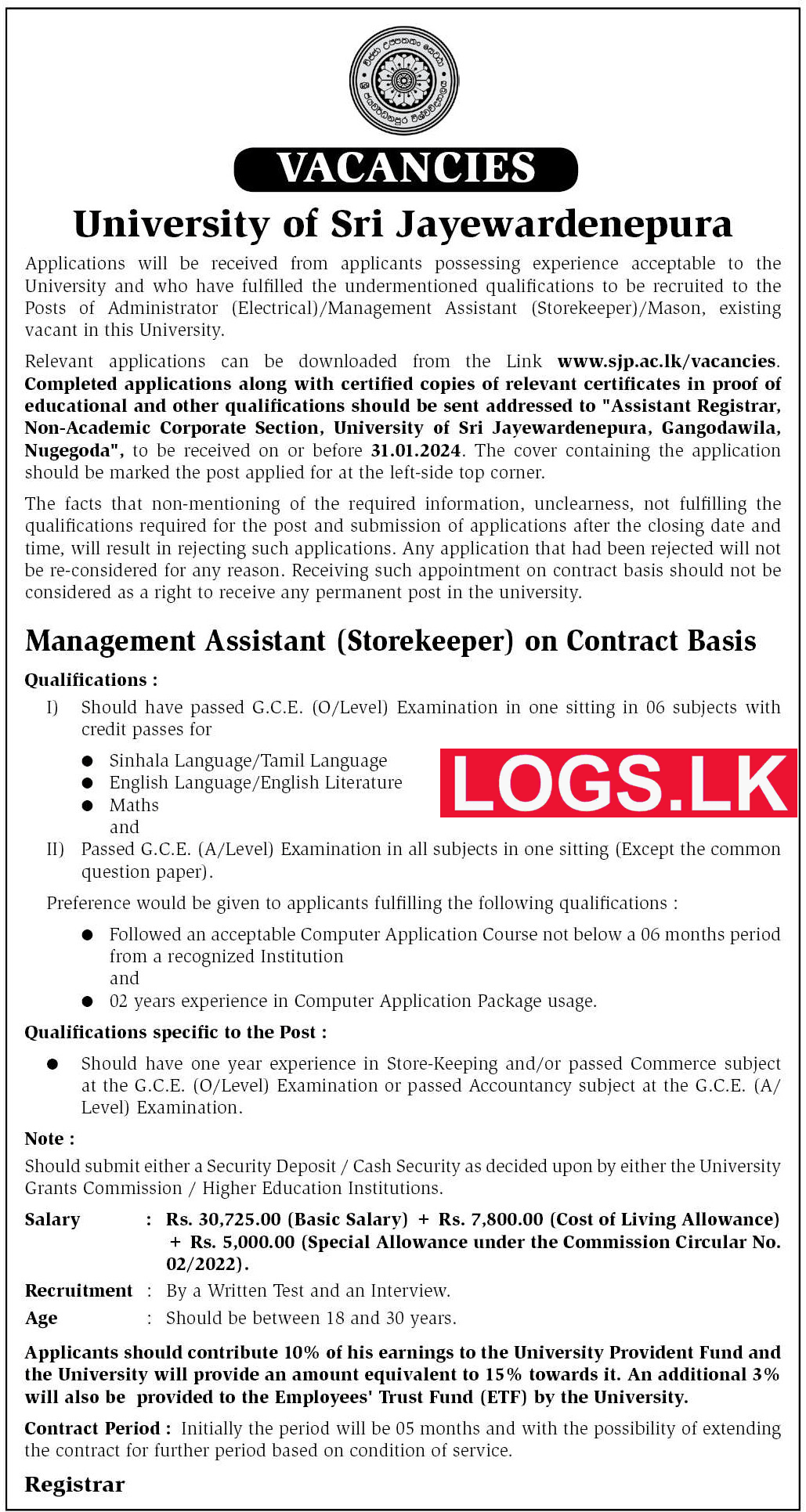 Management Assistant Vacancies 2024 at University of Sri Jayewardenepura
