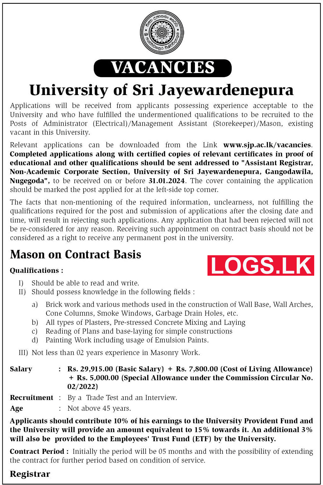 Mason Job Vacancies 2024 at University of Sri Jayewardenepura Application Form, Details Download