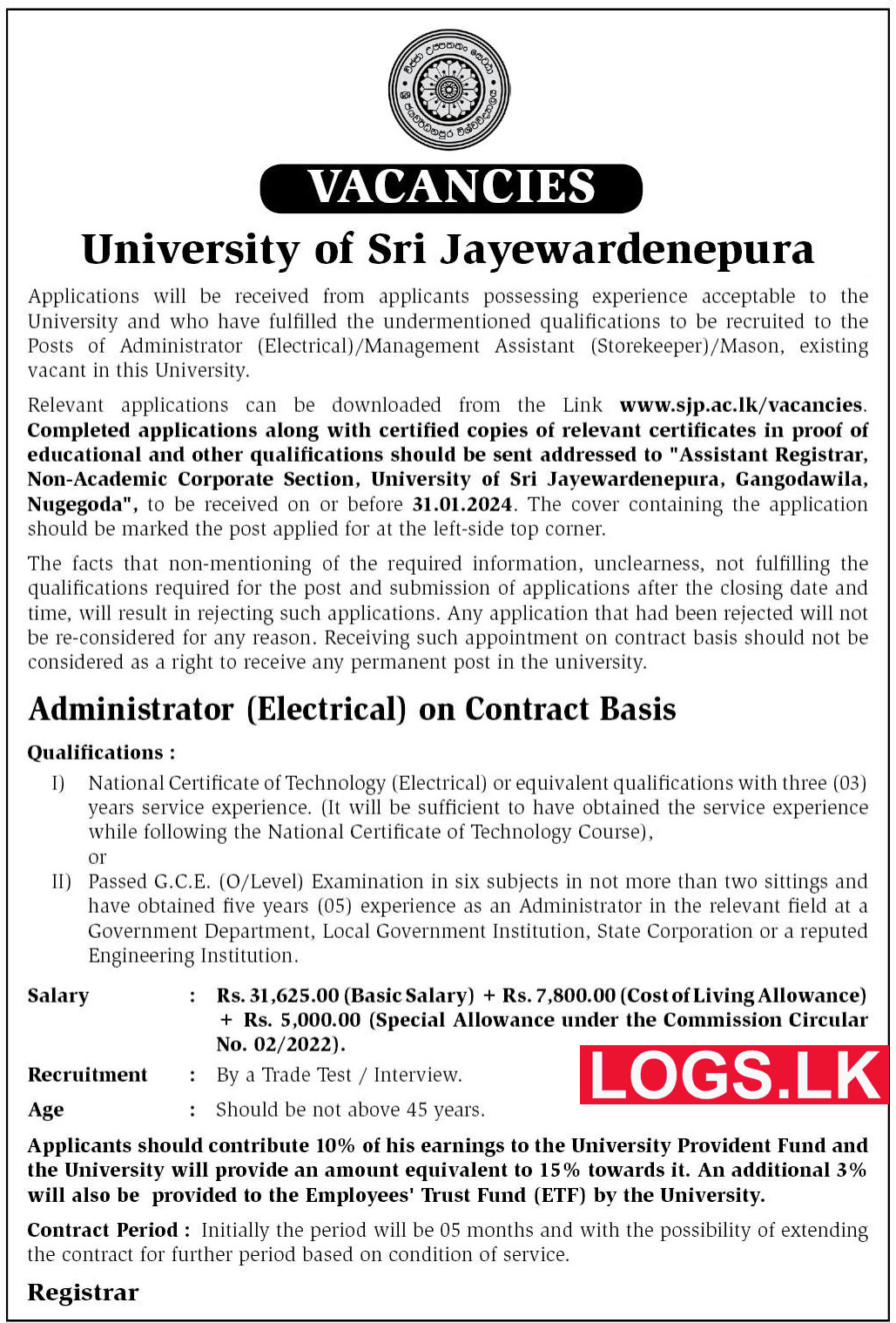 Administrator - University of Sri Jayewardenepura Vacancies 2024 Application Form