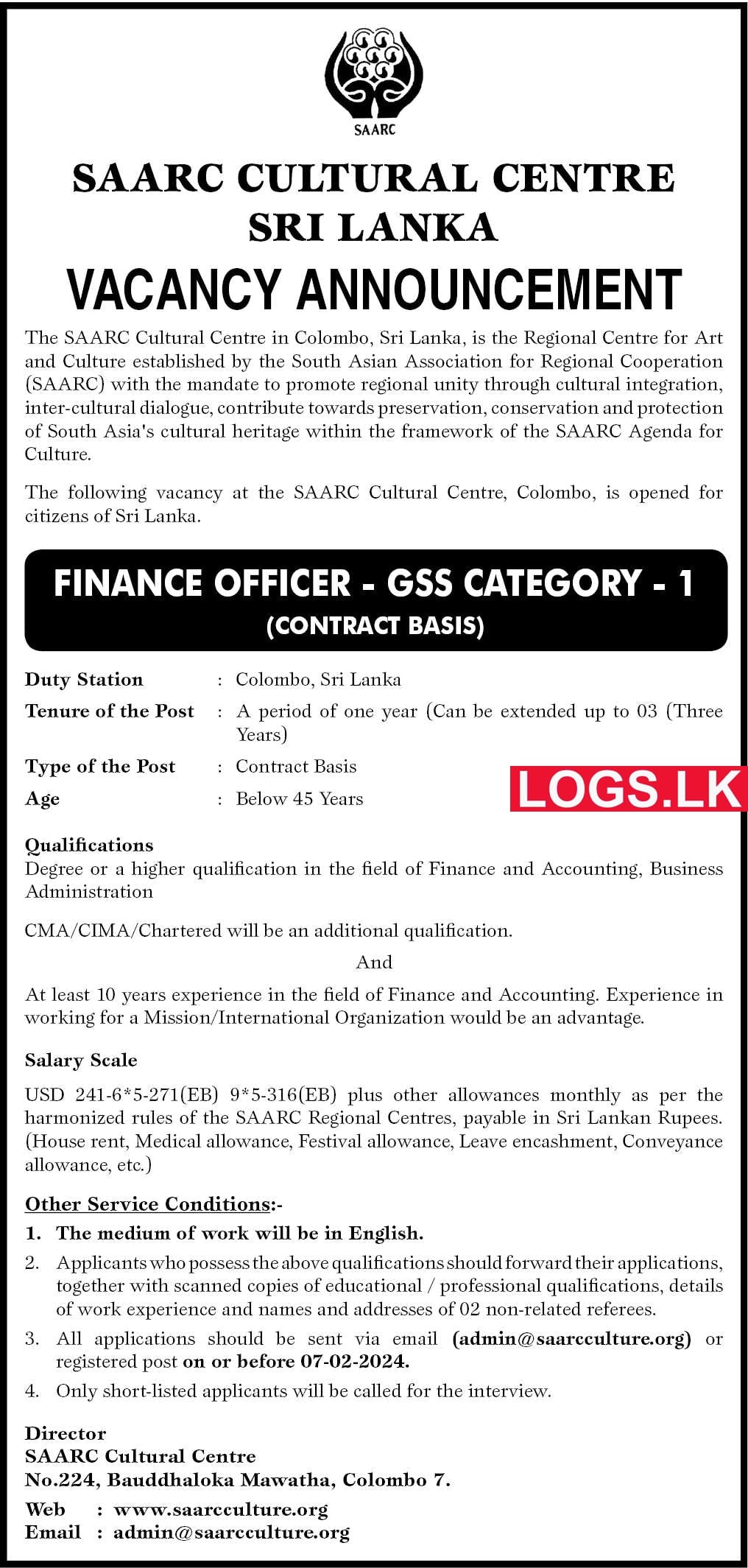 Finance Officer - SAARC Cultural Centre Vacancies 2024