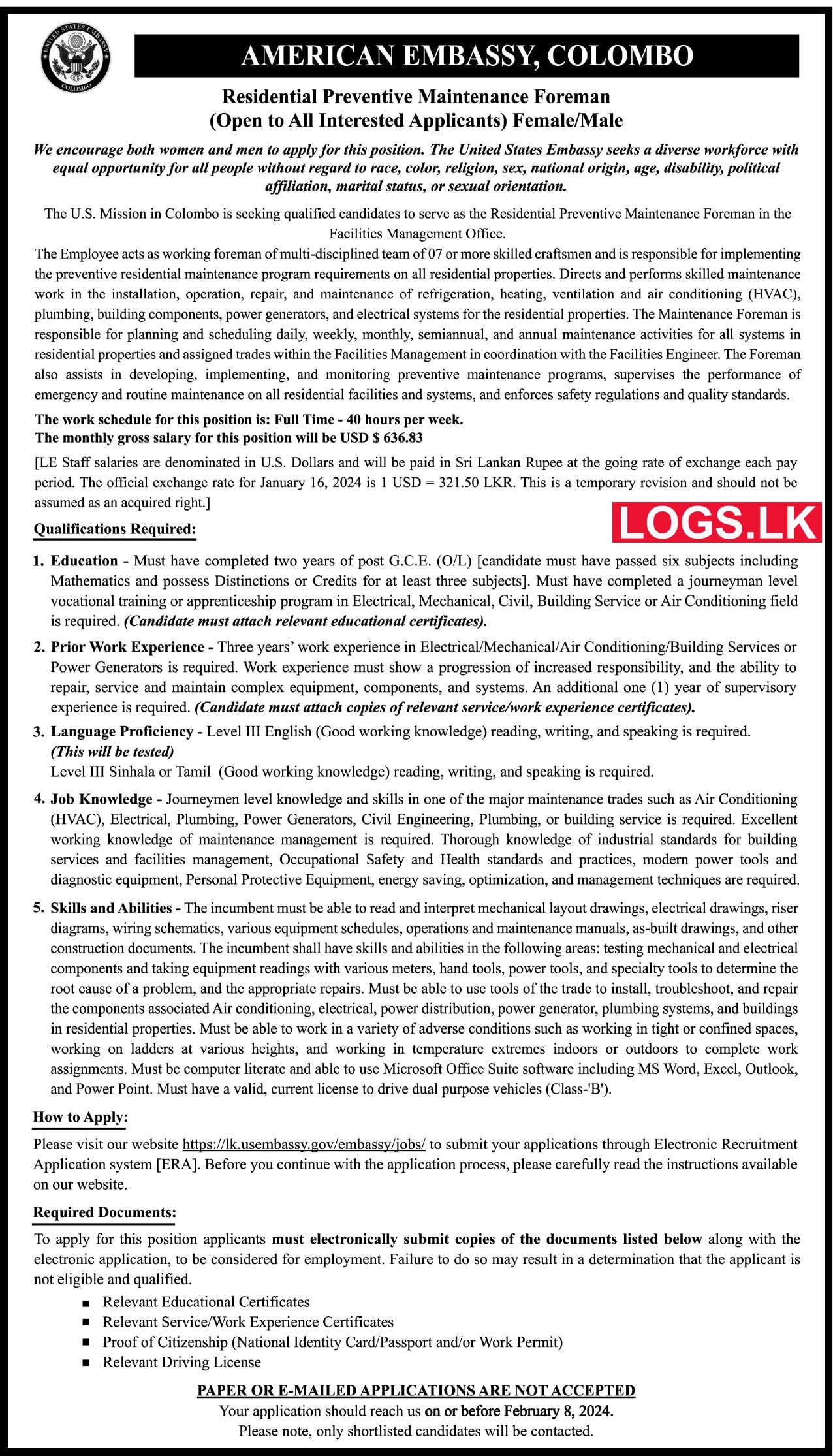 Residential Preventive Maintenance Foreman - US Embassy Vacancies 2024 Application Form