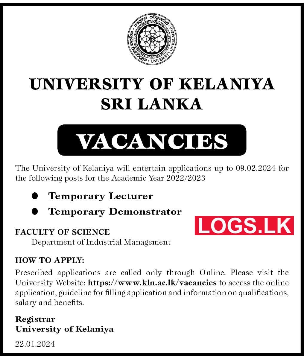 Lecturer / Demonstrator (Temporary) - University of Kelaniya Vacancies 2024