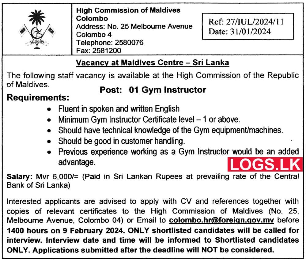 Gym Instructor - Maldives Embassy Vacancies 2024 Application Form, Details Download
